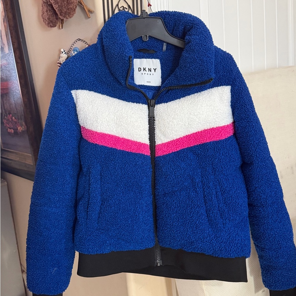 DKNY Puffer Jacket in Blue with Pink and White Stripes